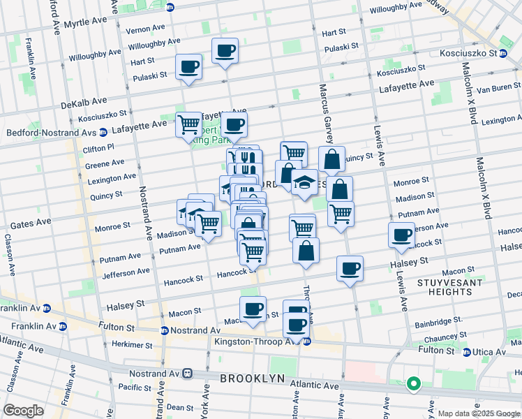 map of restaurants, bars, coffee shops, grocery stores, and more near 364 Monroe Street in Brooklyn