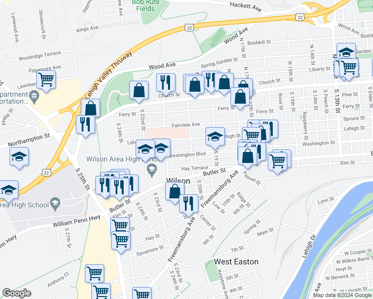 map of restaurants, bars, coffee shops, grocery stores, and more near 2005 Washington Boulevard in Easton