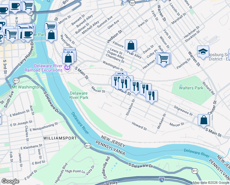 map of restaurants, bars, coffee shops, grocery stores, and more near 11 Cedar Alley in Phillipsburg