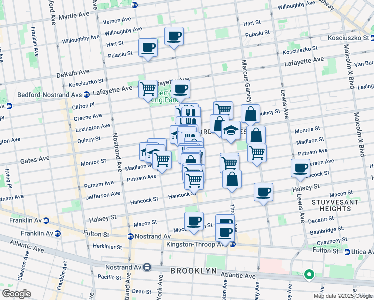 map of restaurants, bars, coffee shops, grocery stores, and more near 352 Monroe Street in Brooklyn