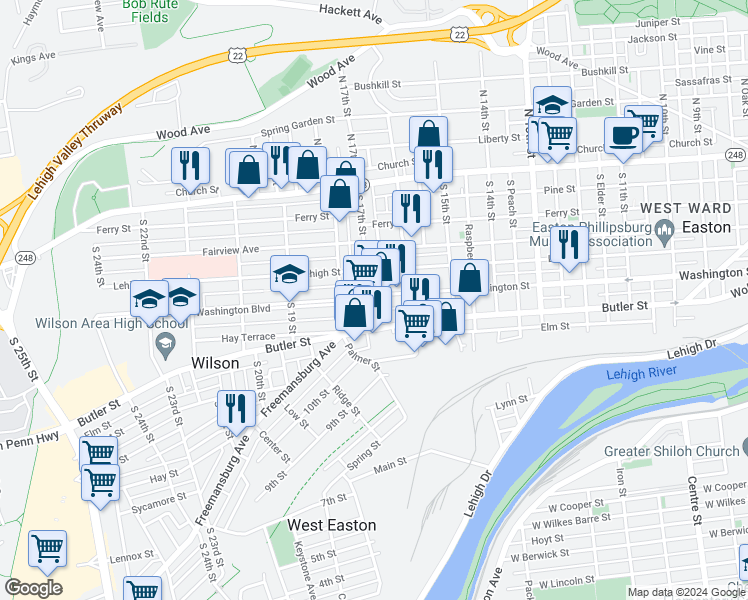 map of restaurants, bars, coffee shops, grocery stores, and more near 1646 Washington Boulevard in Easton