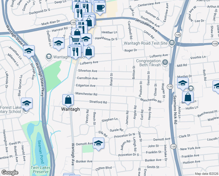 map of restaurants, bars, coffee shops, grocery stores, and more near 3486 Edgerton Avenue in Wantagh