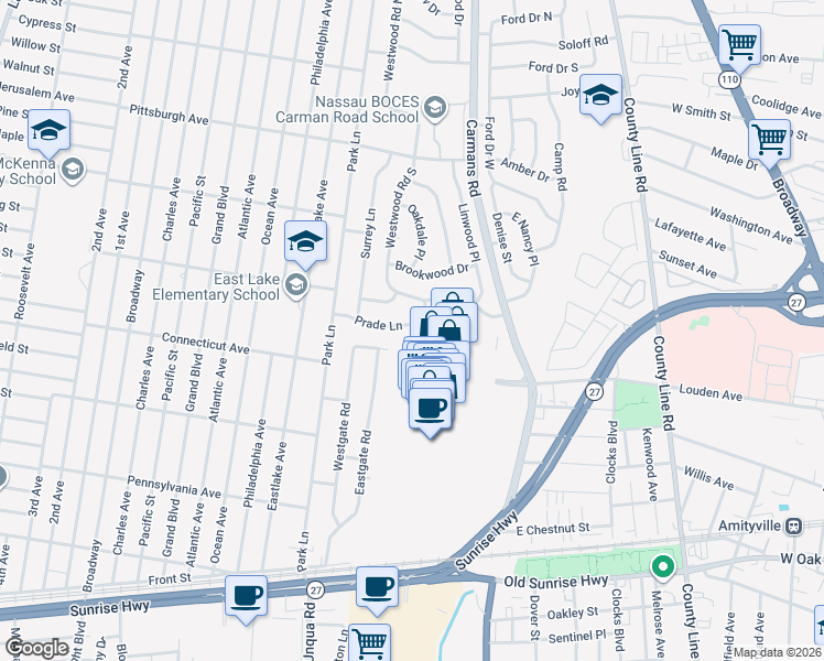 map of restaurants, bars, coffee shops, grocery stores, and more near 2 Prade Lane in Massapequa Park
