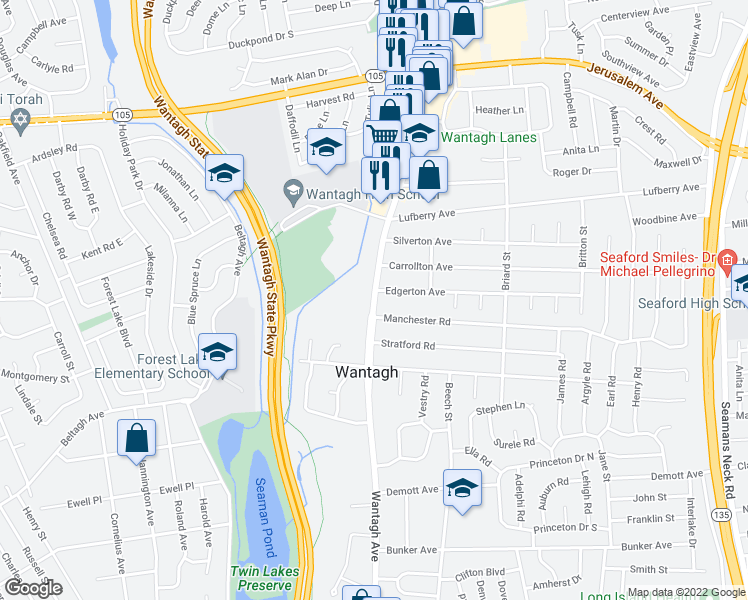 map of restaurants, bars, coffee shops, grocery stores, and more near 1480 Wantagh Avenue in Wantagh