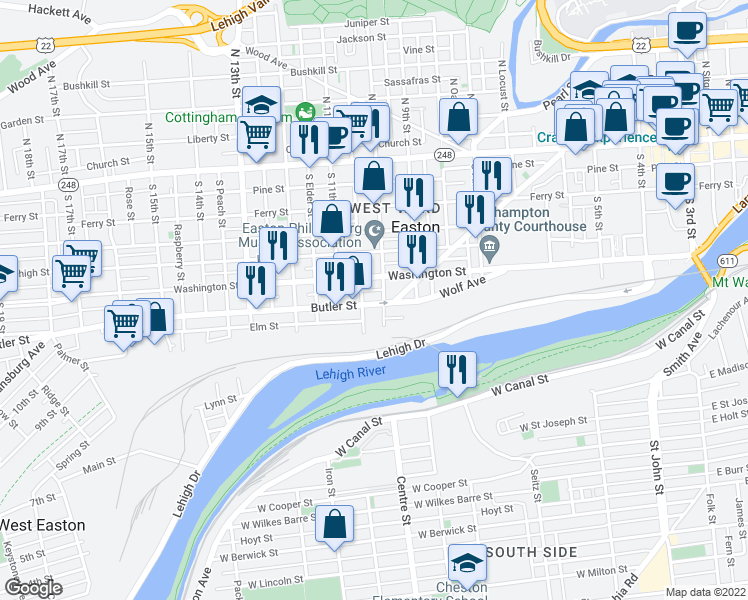map of restaurants, bars, coffee shops, grocery stores, and more near 1007 Butler Street in Easton