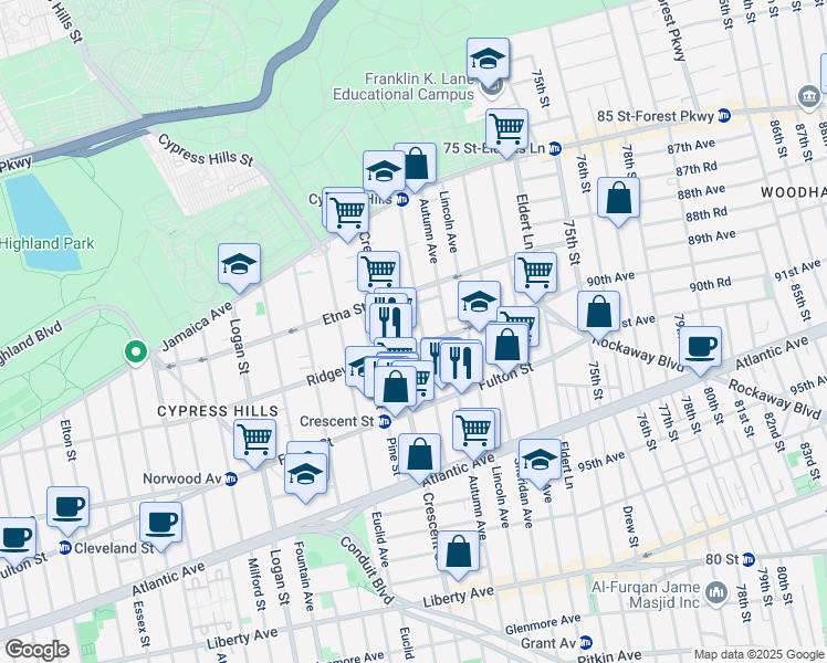 map of restaurants, bars, coffee shops, grocery stores, and more near 26 Kiely Place in Brooklyn