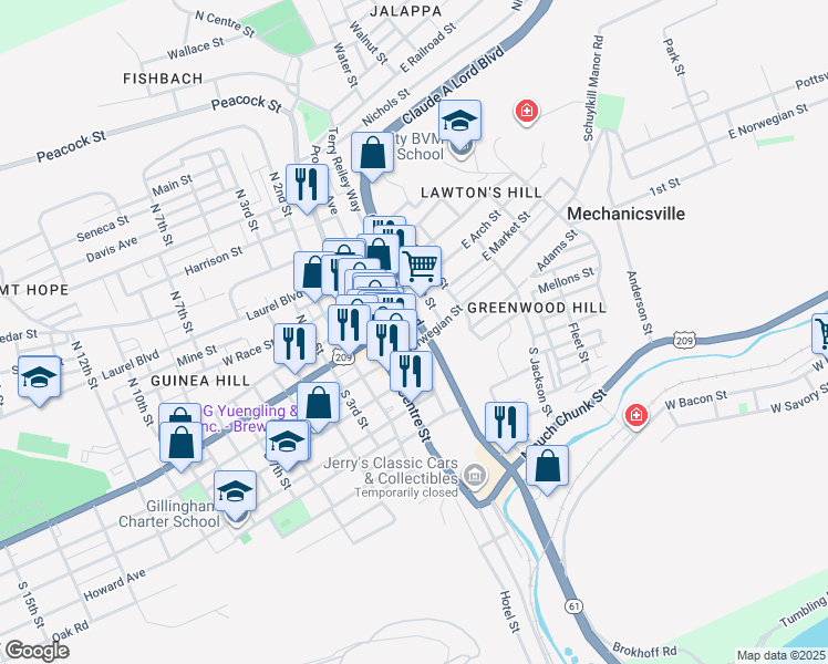 map of restaurants, bars, coffee shops, grocery stores, and more near 200 E Norwegian St in Pottsville
