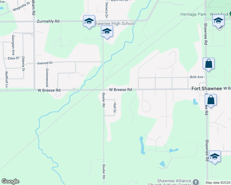 map of restaurants, bars, coffee shops, grocery stores, and more near 3187 West Breese Road in Cridersville