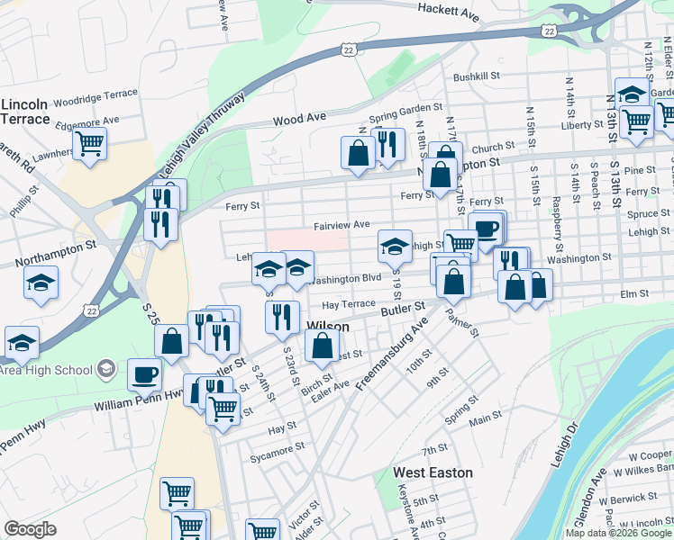 map of restaurants, bars, coffee shops, grocery stores, and more near 2011 Washington Boulevard in Easton