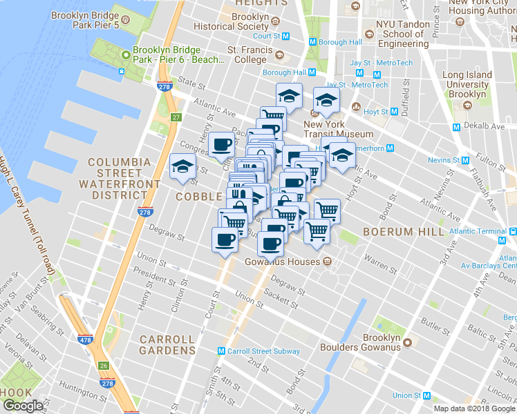 map of restaurants, bars, coffee shops, grocery stores, and more near 280 Warren Street in Brooklyn
