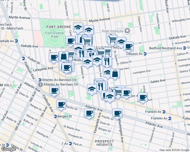 map of restaurants, bars, coffee shops, grocery stores, and more near Vanderbilt Avenue in Brooklyn