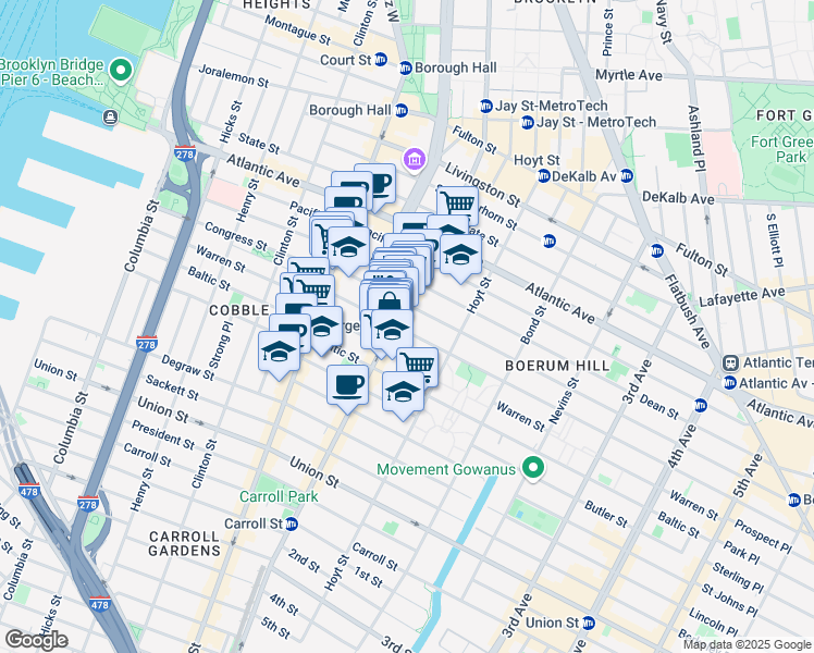 map of restaurants, bars, coffee shops, grocery stores, and more near 83 Wyckoff Street in Brooklyn