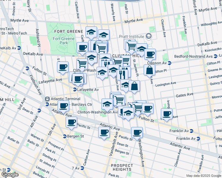 map of restaurants, bars, coffee shops, grocery stores, and more near Vanderbilt Avenue in Brooklyn