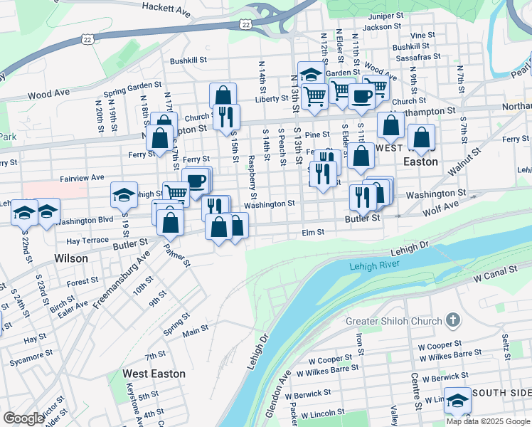 map of restaurants, bars, coffee shops, grocery stores, and more near 309 South 14th Street in Easton