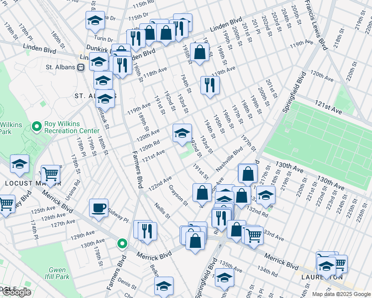 map of restaurants, bars, coffee shops, grocery stores, and more near 121-15 Lucas Street in Queens