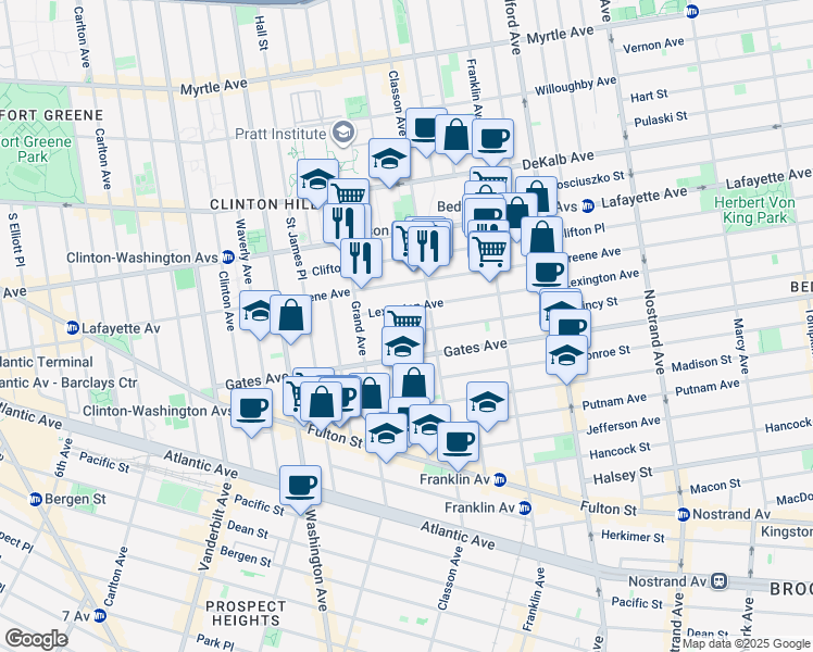map of restaurants, bars, coffee shops, grocery stores, and more near 25 Quincy Street in Brooklyn