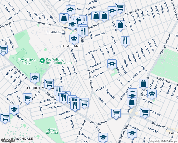 map of restaurants, bars, coffee shops, grocery stores, and more near 120-9 Farmers Boulevard in Queens