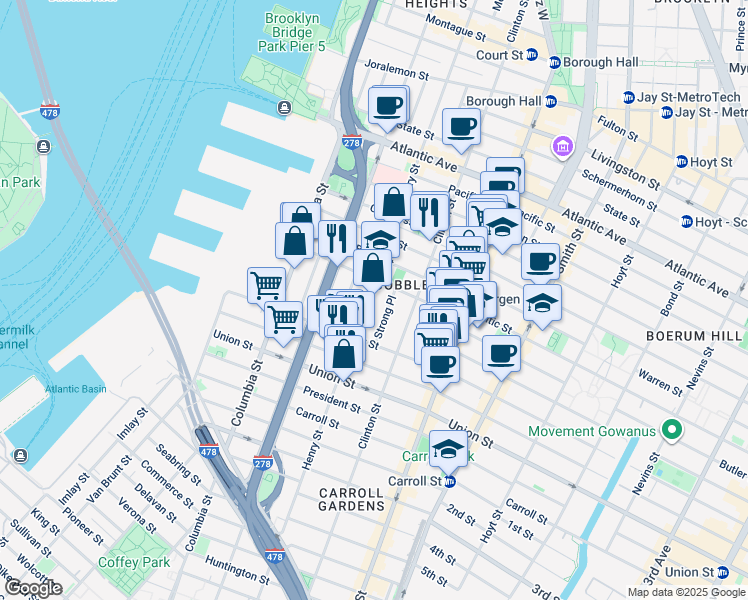 map of restaurants, bars, coffee shops, grocery stores, and more near 20 Strong Place in Brooklyn