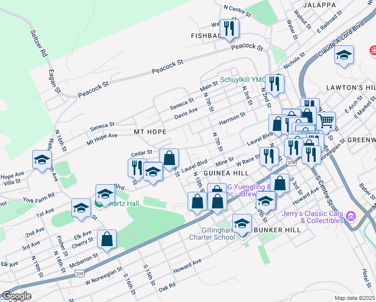 map of restaurants, bars, coffee shops, grocery stores, and more near 917 Mount Hope Avenue in Pottsville