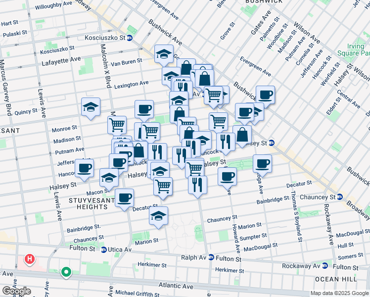 map of restaurants, bars, coffee shops, grocery stores, and more near 822 Jefferson Avenue in Brooklyn