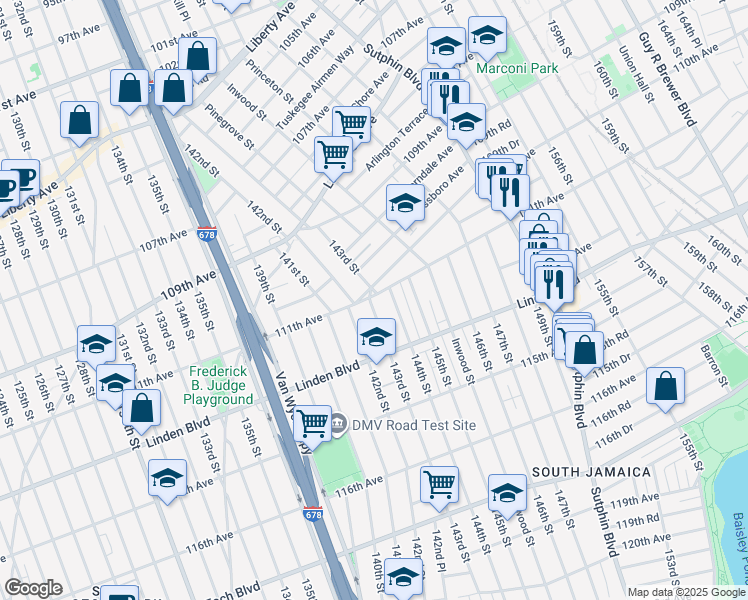 map of restaurants, bars, coffee shops, grocery stores, and more near 143-2 111th Avenue in Queens