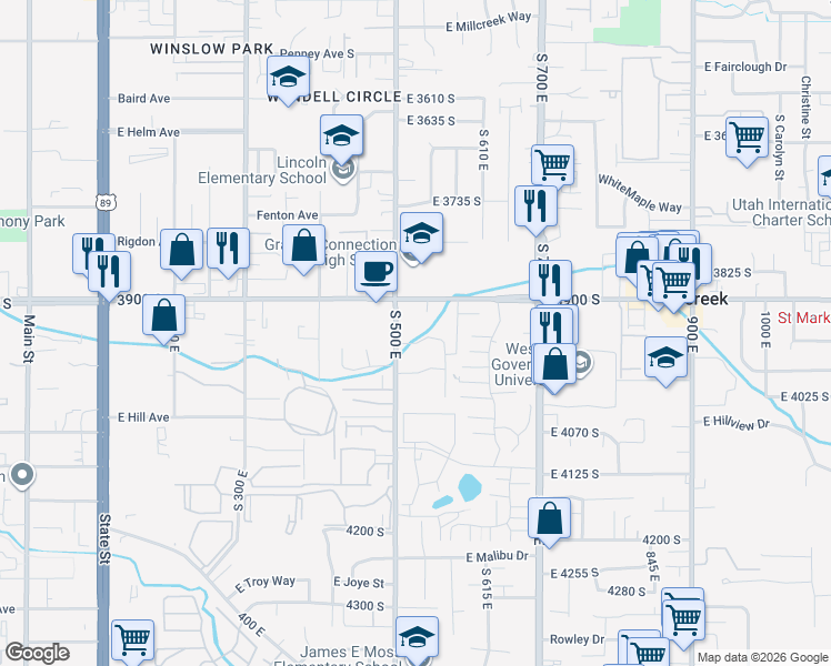 map of restaurants, bars, coffee shops, grocery stores, and more near 529 East Delno Circle in Murray