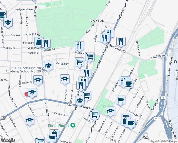 map of restaurants, bars, coffee shops, grocery stores, and more near 1250 Alina Street in Elizabeth