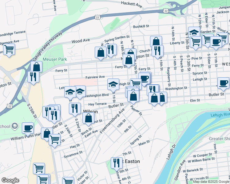 map of restaurants, bars, coffee shops, grocery stores, and more near 1845 Washington Boulevard in Easton