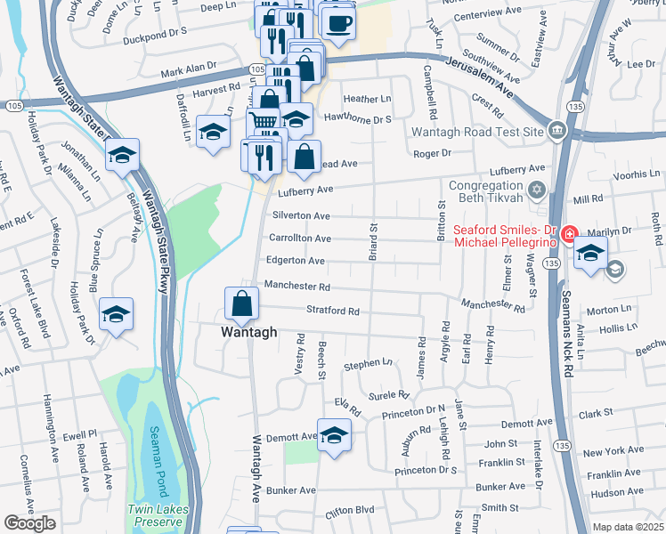 map of restaurants, bars, coffee shops, grocery stores, and more near 3434 Edgerton Avenue in Wantagh