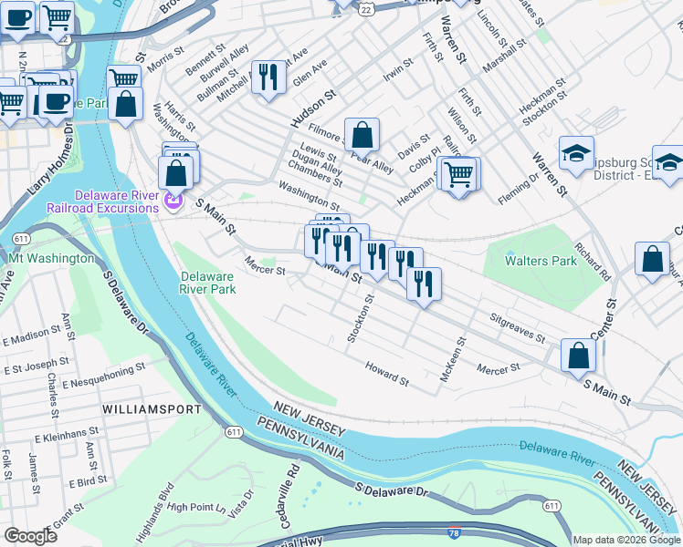 map of restaurants, bars, coffee shops, grocery stores, and more near 399 South Main Street in Phillipsburg