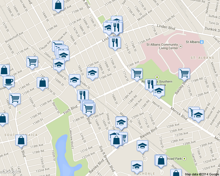 map of restaurants, bars, coffee shops, grocery stores, and more near 116-46 168th St in Queens
