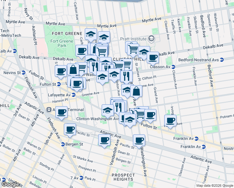 map of restaurants, bars, coffee shops, grocery stores, and more near 406 Clinton Avenue in Brooklyn