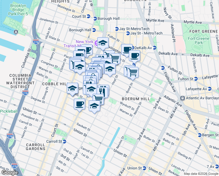 map of restaurants, bars, coffee shops, grocery stores, and more near 142 Hoyt Street in Brooklyn