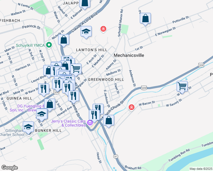 map of restaurants, bars, coffee shops, grocery stores, and more near 124 South Jackson Street in Pottsville