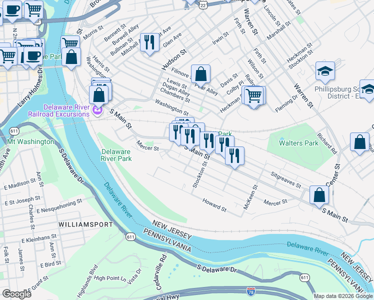 map of restaurants, bars, coffee shops, grocery stores, and more near 384 South Main Street in Phillipsburg