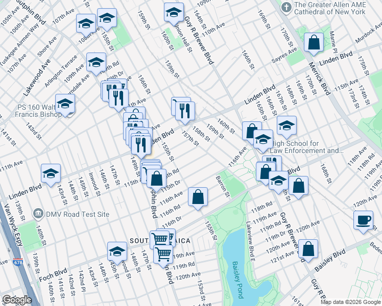 map of restaurants, bars, coffee shops, grocery stores, and more near 155-42 115th Avenue in Queens