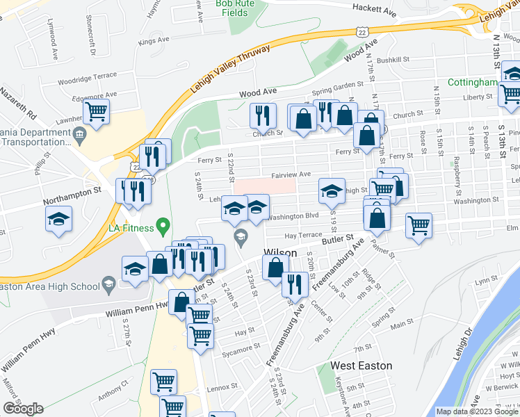 map of restaurants, bars, coffee shops, grocery stores, and more near 315 South 21st Street in Easton