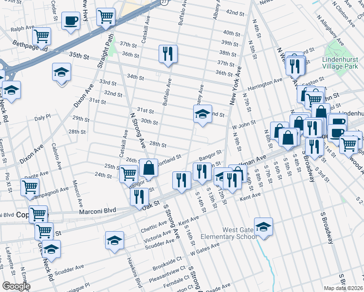 map of restaurants, bars, coffee shops, grocery stores, and more near 204 28th Street in Lindenhurst