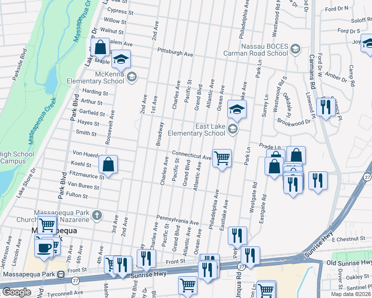 map of restaurants, bars, coffee shops, grocery stores, and more near 151 Pacific Street in Massapequa Park