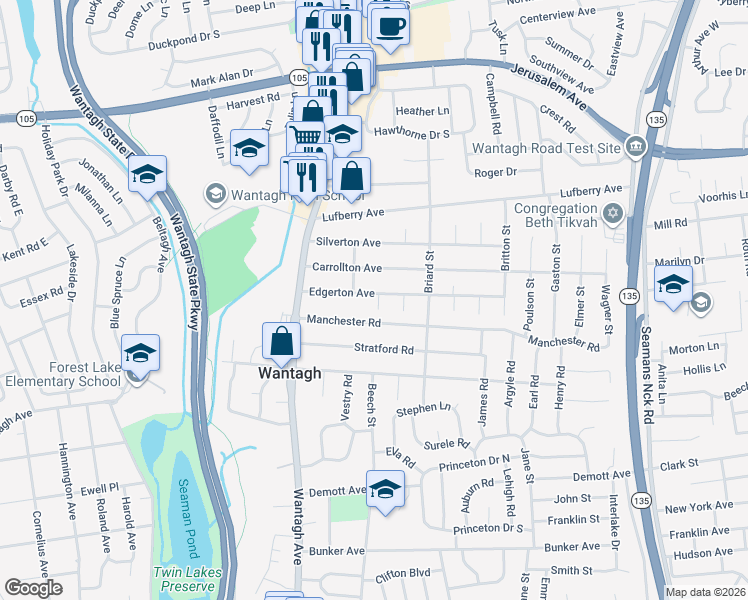 map of restaurants, bars, coffee shops, grocery stores, and more near 3434 Edgerton Avenue in Wantagh