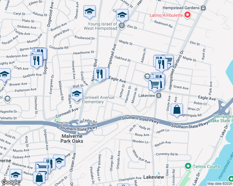 map of restaurants, bars, coffee shops, grocery stores, and more near 850 Arthur Street in West Hempstead