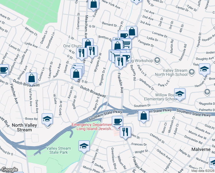 map of restaurants, bars, coffee shops, grocery stores, and more near 831 North Corona Avenue in Franklin Square