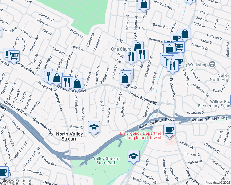 map of restaurants, bars, coffee shops, grocery stores, and more near 6 Ascan Street in Valley Stream