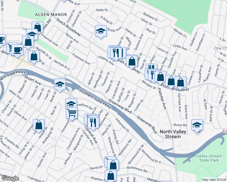map of restaurants, bars, coffee shops, grocery stores, and more near 27 Caroline Avenue in Elmont