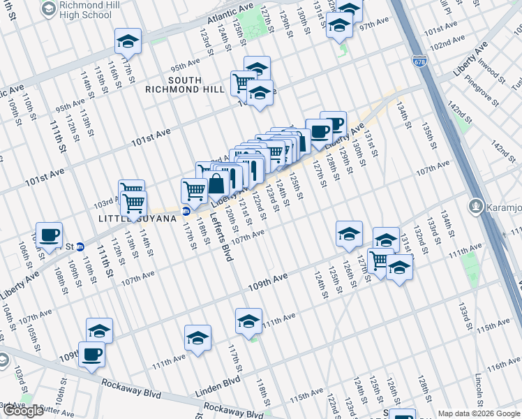 map of restaurants, bars, coffee shops, grocery stores, and more near 104-38 122nd Street in Queens