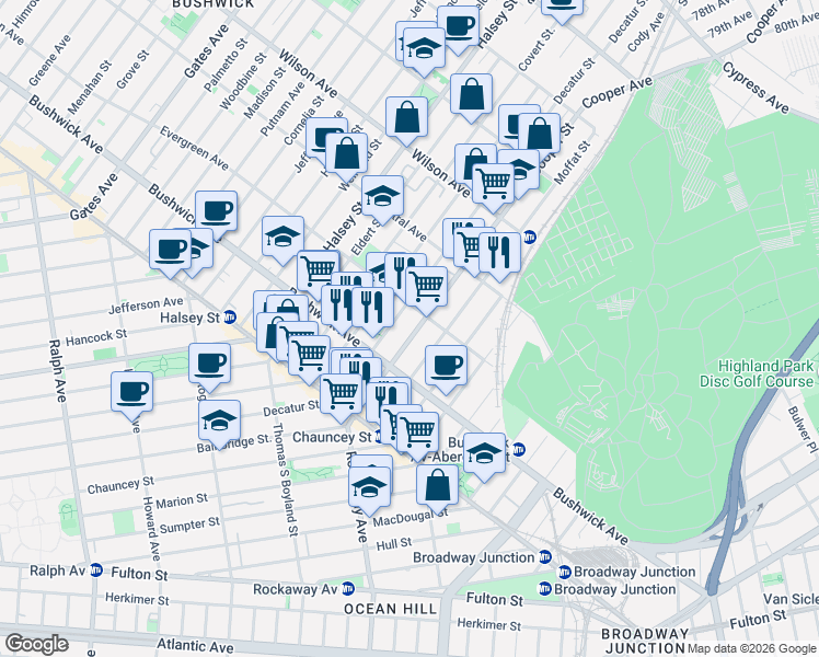 map of restaurants, bars, coffee shops, grocery stores, and more near 83 Cooper Street in Brooklyn