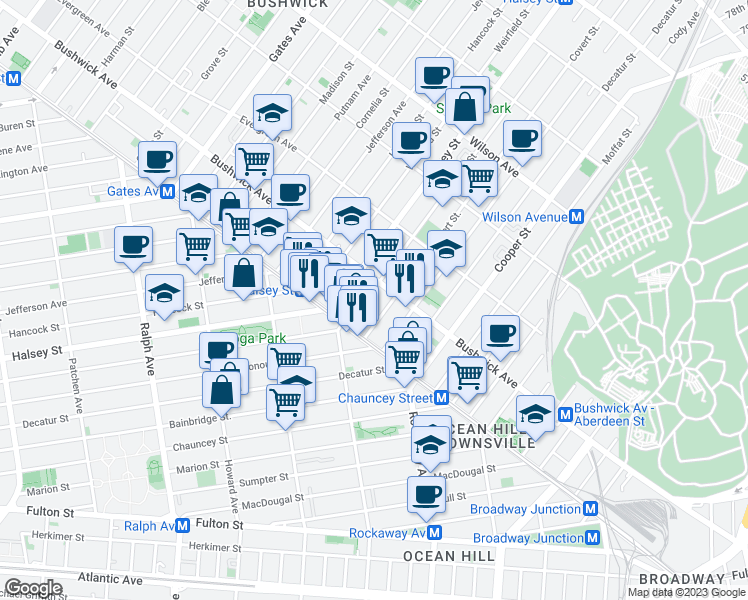 map of restaurants, bars, coffee shops, grocery stores, and more near 25 Eldert Street in Brooklyn