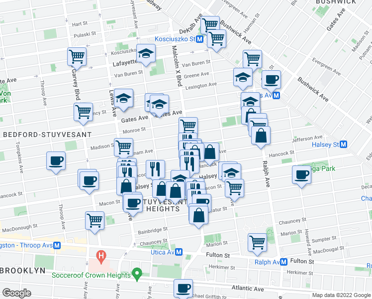map of restaurants, bars, coffee shops, grocery stores, and more near 784 Putnam Avenue in Brooklyn