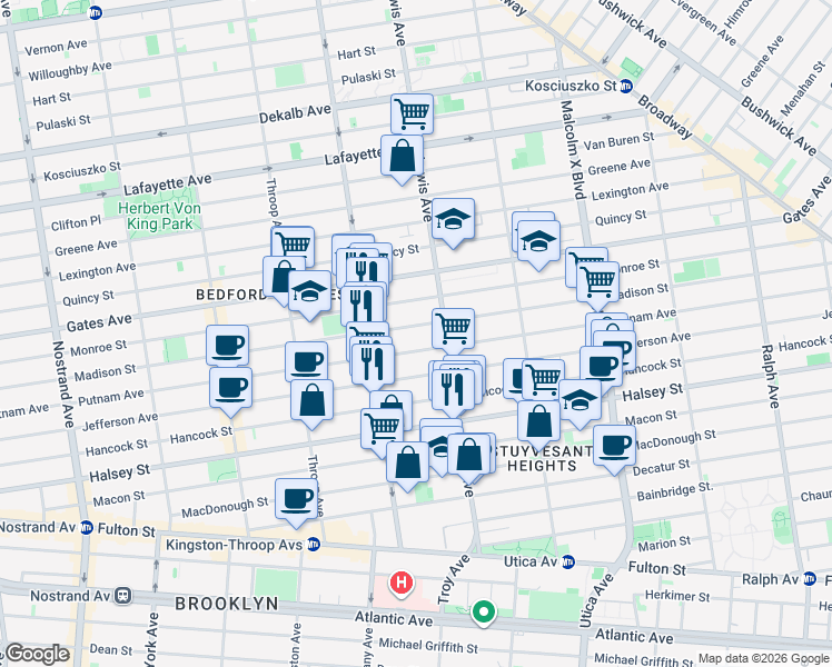 map of restaurants, bars, coffee shops, grocery stores, and more near 538 Madison Street in Brooklyn