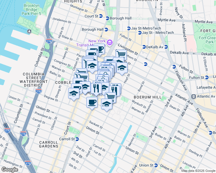 map of restaurants, bars, coffee shops, grocery stores, and more near 83 Wyckoff Street in Brooklyn